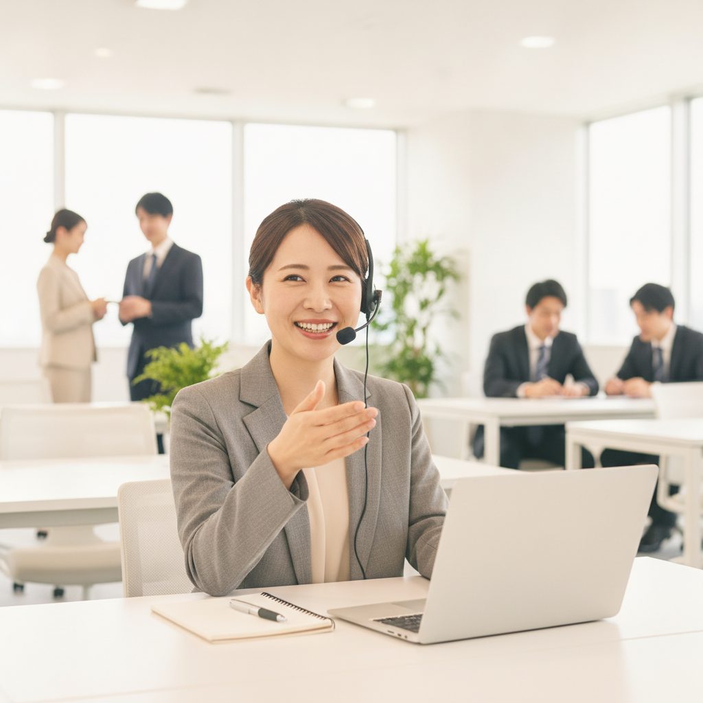 質問に笑顔で答える担当者