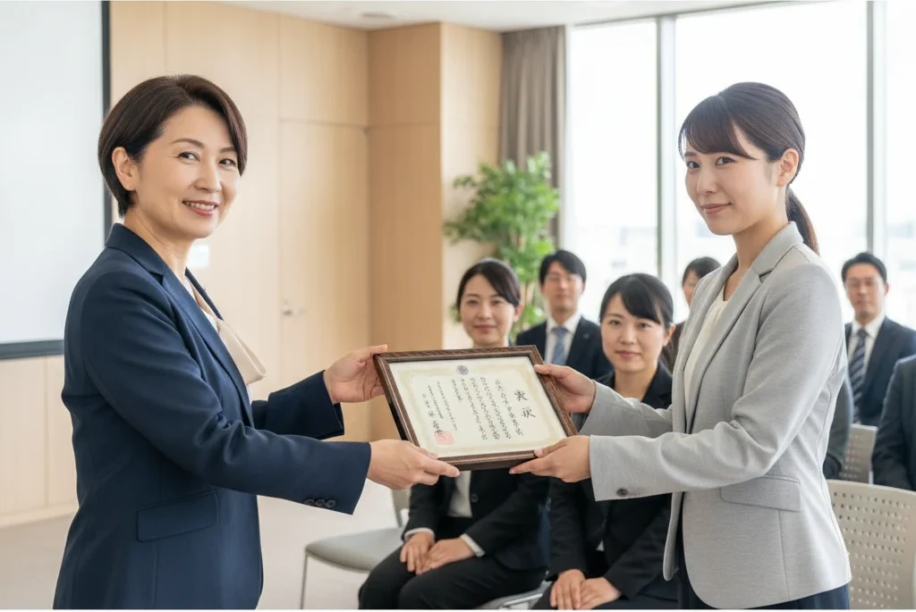 認定証を手渡す協会の主宰者と認定講師