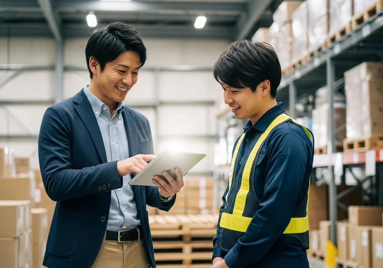 倉庫現場でタブレットを見ながら打ち合わせする担当者とスタッフ